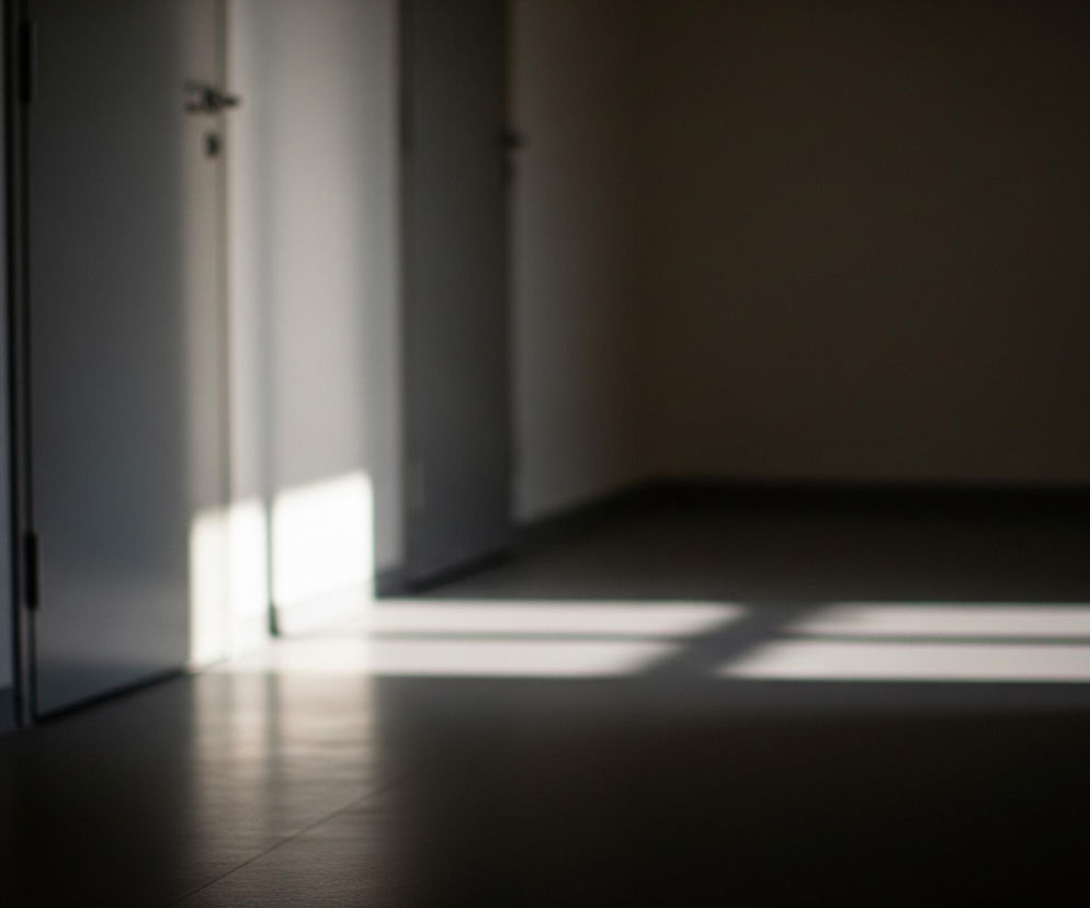 Wąski korytarz z drzwiami po lewej stronie jest częściowo oświetlony światłem słonecznym. Jasne promienie tworzą prostokątne plamy i linie na ciemnej podłodze oraz ścianie. Lewa strona obrazu, wraz z pierwszymi drzwiami, jest wyraźnie widoczna, zaś dalsza część korytarza i prawe drzwi są rozmyte i pogrążone w cieniu.