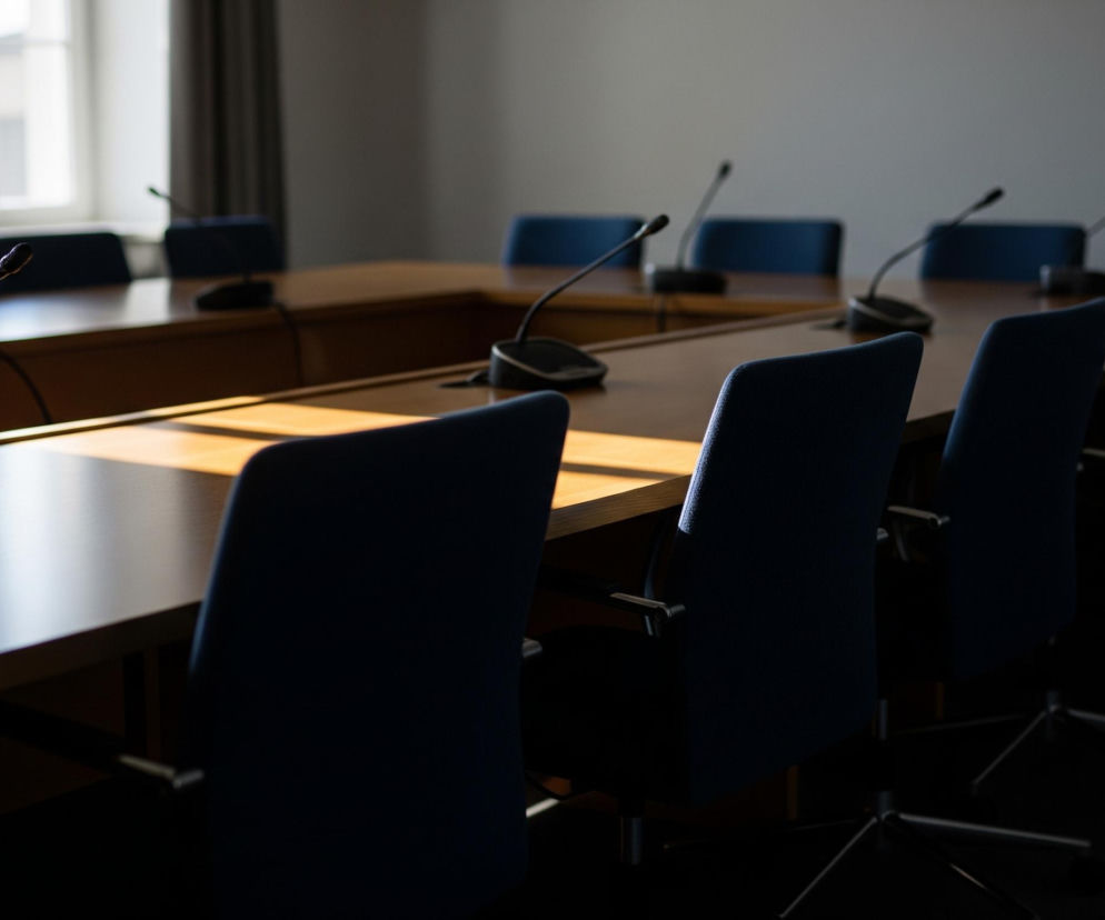 Długi, drewniany stół konferencyjny w kształcie litery U dominuje scenę, oświetlony częściowo naturalnym światłem padającym z okna w tle po lewej stronie. Wzdłuż stołu ustawiono szereg ciemnoniebieskich krzeseł biurowych na kółkach, większość z nich znajduje się w cieniu, z wyjątkiem kilku miejsc oświetlonych smugami słońca. Na stole regularnie rozmieszczono czarne mikrofony na giętkich wysięgnikach, skierowane w stronę krzeseł, co sugeruje przygotowanie do spotkania lub konferencji. Tło stanowi jasna ściana i zasłony, a poza oknem widać niewyraźny zarys innego budynku.