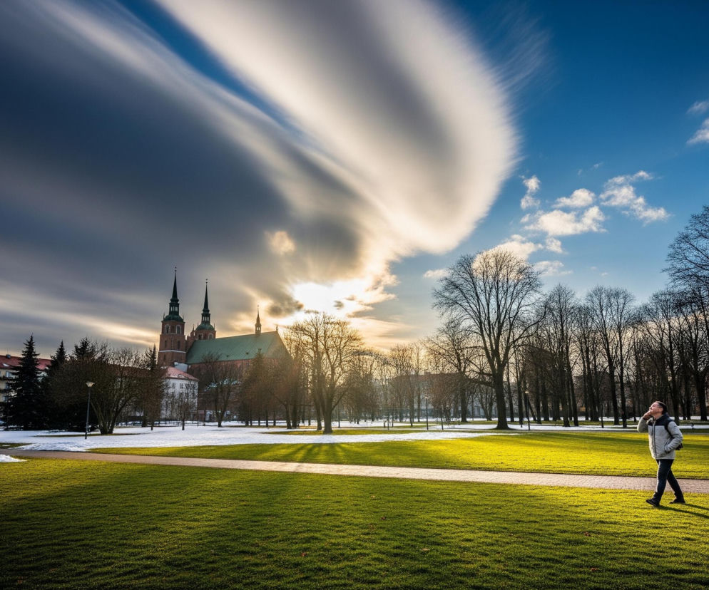 Mężczyzna w jasnej kurtce i ciemnych spodniach idzie po wydeptanej ścieżce na zielonym trawniku. Długi cień za nim wskazuje na niskie słońce, które prześwituje przez chmury na niebie. W tle po lewej stronie znajduje się kościół z dwiema wieżami i zielonym dachem, a także budynki mieszkalne i bezlistne drzewa. Na trawniku widać jeszcze płaty śniegu, co sugeruje wczesną wiosnę lub późną jesień.