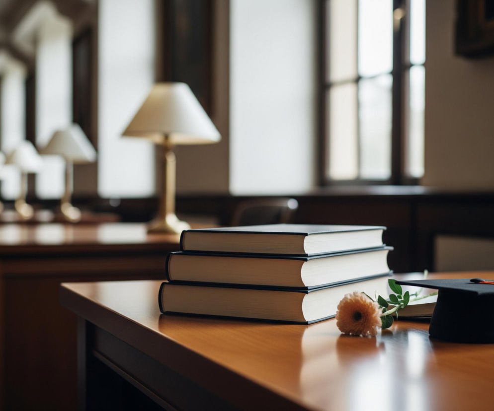 Na drewnianym stole w jasnobrązowym odcieniu leży stos trzech książek z białymi kartkami i ciemnymi grzbietami. Obok nich, na prawo, widoczna jest jedna, pomarańczowa gerbera z zieloną łodygą i liśćmi, leżąca poziomo na stole. Dalej na prawo leży czarna czapka akademicka z pomarańczowym chwostem, a za nią otwarta książka. Tło przedstawia wnętrze pomieszczenia z rzędami drewnianych stołów i rozmieszczonymi na nich lampami stołowymi z beżowymi abażurami.