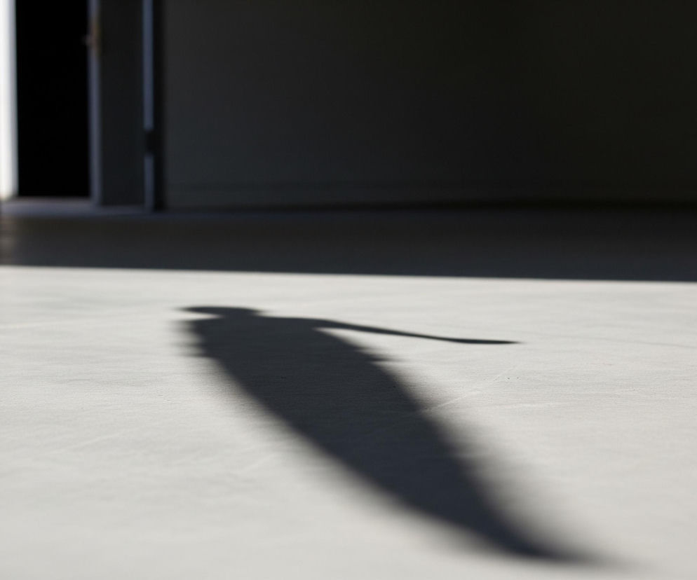 Cień ludzkiej sylwetki rzuca się na jasnoszarą, betonową podłogę, rozciągając się od środka kadru ku dolnej krawędzi. W górnej lewej części obrazu widoczne są lekko uchylone drzwi, zza których wydobywa się intensywne białe światło, oświetlające część podłogi. Reszta pomieszczenia, ściany i wnętrze pokoju za drzwiami, pozostają w ciemnym, niemal czarnym cieniu, co kontrastuje z jasnym podłożem.