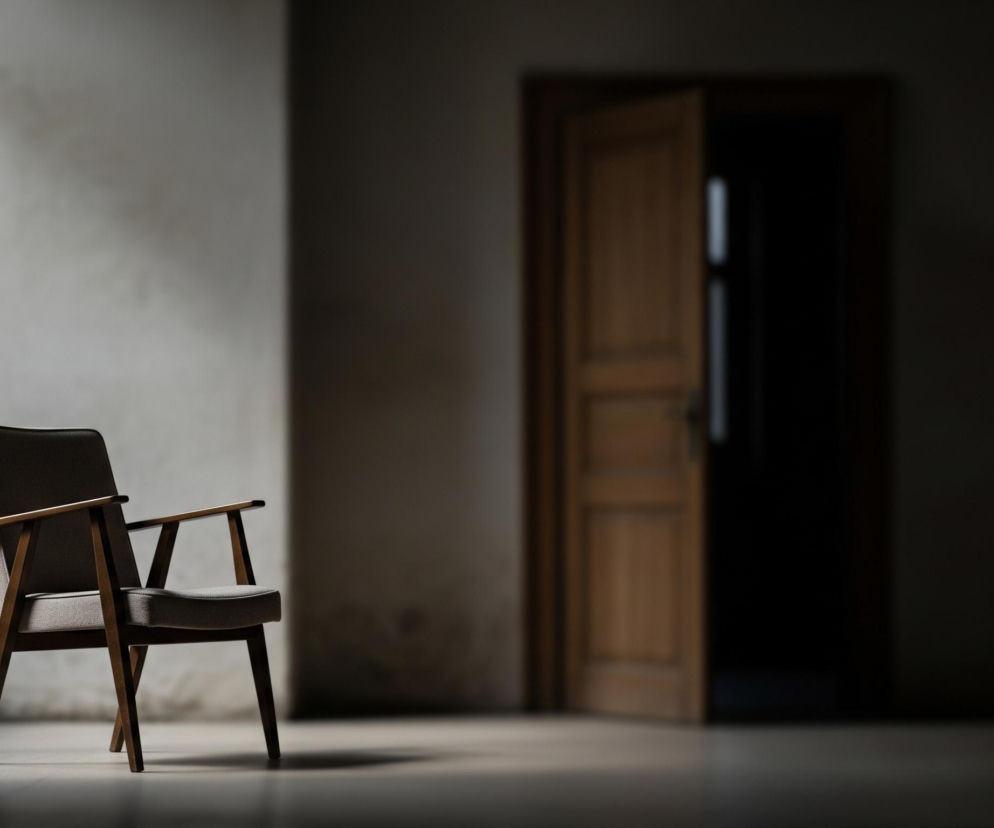 Stare drewniane krzesło z jasną, szarą tapicerką stoi na drewnianej podłodze w pustym pokoju. Na lewej ścianie widoczne są nierówności i przebarwienia, a światło pada na nią z niewidocznego źródła, tworząc wyraźny cień za krzesłem. W tle, po prawej stronie, uchylone drewniane drzwi prowadzą do ciemnego pomieszczenia, tworząc kontrast z oświetloną częścią pokoju.