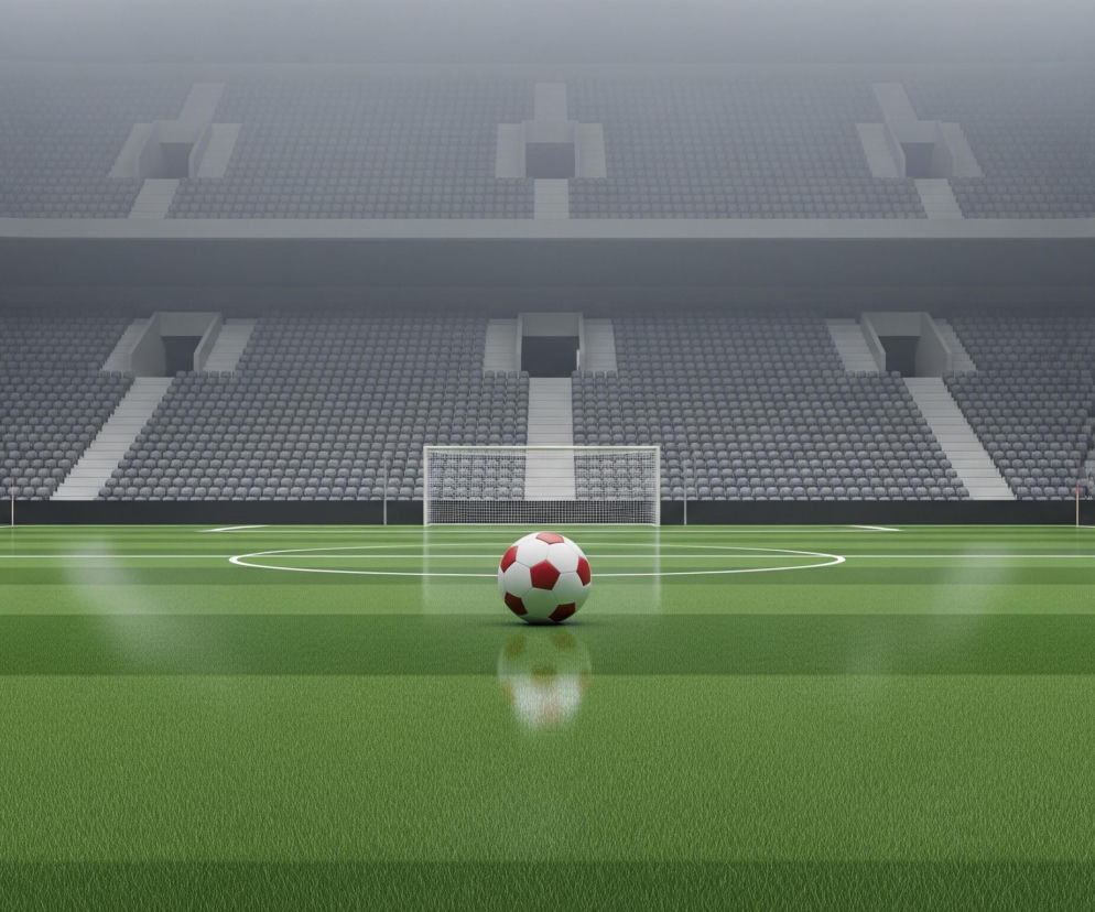 Czerwono-biała piłka leży na zielonej murawie boiska sportowego. Za piłką widać bramkę piłkarską z białą siatką, a dalej, po obu stronach boiska, znajdują się wysokie, białe słupy w kształcie litery H. Trybuny stadionu, wypełnione szarymi siedzeniami, otaczają boisko, niknąc w oddali w lekkiej mgle. Na murawie widoczne są białe linie wyznaczające pole gry oraz jasne, odbijające światło pasy.