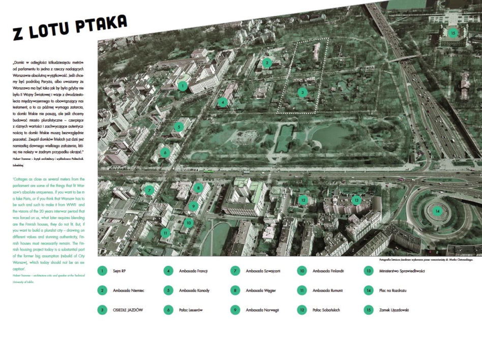 Jazdów z lotu ptaka: współczesna architektura Warszawy, zieleń i miniaturowa wioska obok ambasad