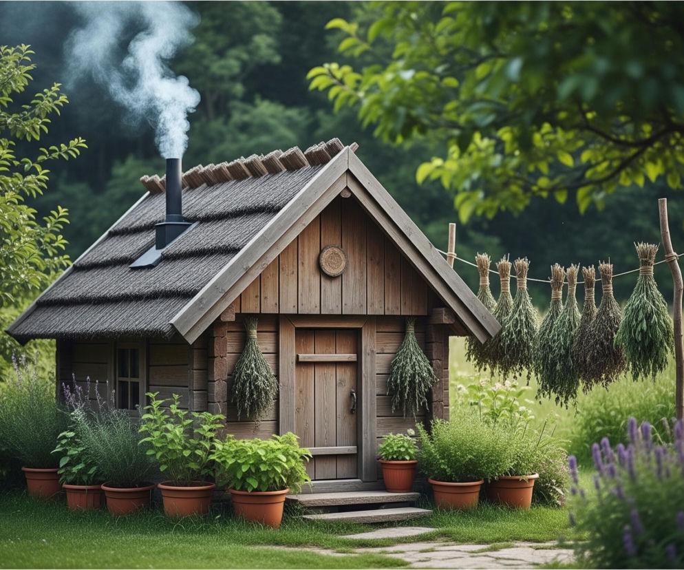 Drewniana chata z dachem krytym strzechą, z której komina unosi się jasnoszary dym, zajmuje centralną część kadru. Przed chatą, na zielonej trawie, rozstawione są gliniane donice z zielonymi roślinami, a ścieżka z kamiennych płyt prowadzi do drewnianych drzwi. Po prawej stronie chaty, na sznurze rozciągniętym między dwoma drewnianymi słupkami, wiszą suszące się zioła związane w pęki, a w tle rozpościera się zielony las.