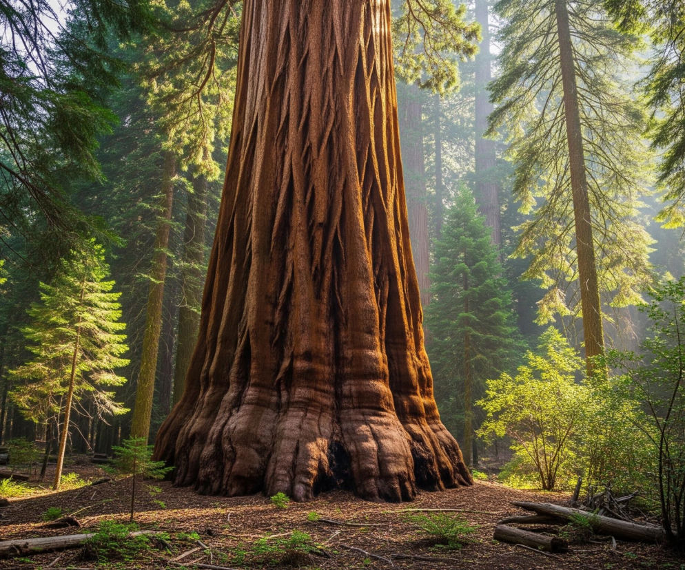 Centralnie w kadrze dominuje potężny pień drzewa o głębokiej, rdzawobrązowej, silnie spękanej korze, rozszerzający się ku podstawie. Wokół niego rozpościera się las iglasty, z licznymi wysokimi drzewami o zielonych igłach i ciemnych pniach. Promienie światła słonecznego przenikają przez korony drzew, tworząc jasne plamy i smugi na zielonych liściach oraz na ściółce leśnej, która jest pokryta suchymi gałęziami, liśćmi i szyszkami w odcieniach brązu i zieleni.