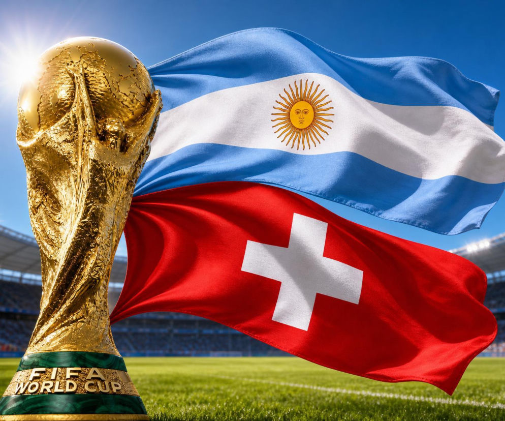 Złoty Puchar Świata na tle flag Argentyny i Szwajcarii. O meczu Mundialu 2026 przeczytasz na SE Supersport.