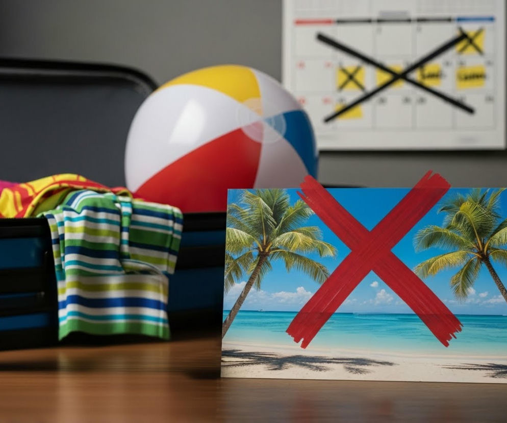 Otwarta walizka z kolorowymi ubraniami i piłką plażową symbolizuje przerwane wakacje. Przed nią pocztówka z plażą i palmami przekreślona czerwonym iksem, a w tle kalendarz z przekreślonymi dniami. O upadłości biur podróży przeczytasz na Super Biznes.