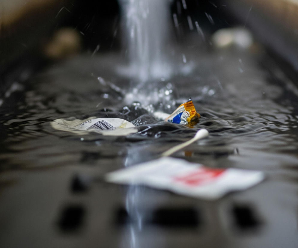 Z góry spada strumień wody do ciemnego koryta wypełnionego wodą, tworząc w centrum kadru kałużę i rozbryzgi. Na powierzchni wody, na pierwszym planie, unosi się biały płatek z czerwonymi smugami i biały patyczek. Dalej, bliżej strumienia wody, pływa kawałek opakowania w biało-niebiesko-żółtych kolorach oraz fragment białej etykiety z czarnym kodem kreskowym. Ciemne ściany koryta po obu stronach pokryte są kroplami wody, a odległe tło jest rozmyte.