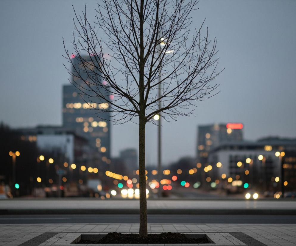 Centralnie na pierwszym planie stoi nagie drzewo o cienkich, rozgałęzionych gałęziach, pozbawione liści. Drzewo jest posadzone w kwadratowej donicy z ziemią, otoczonej szarymi płytami chodnikowymi. Za drzewem rozciąga się miejski krajobraz o zmierzchu, z licznymi rozmy-tymii światłami w odcieniach pomarańczu, czerwieni i zieleni, wskazującymi na ulicę z ruchem samochodowym. W tle widoczne są zarysy budynków, w tym jeden wysoki wieżowiec z widocznymi czerwonymi światłami na szczycie.