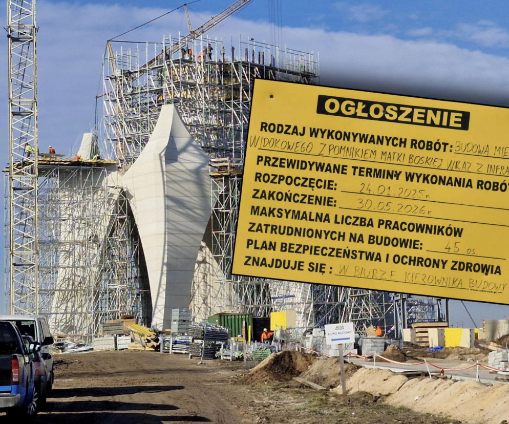 Budowa pomnika Matki Boskiej pod Kikołem daleko w polu. Na tablicy termin ukończenia, za dwa miesiące!