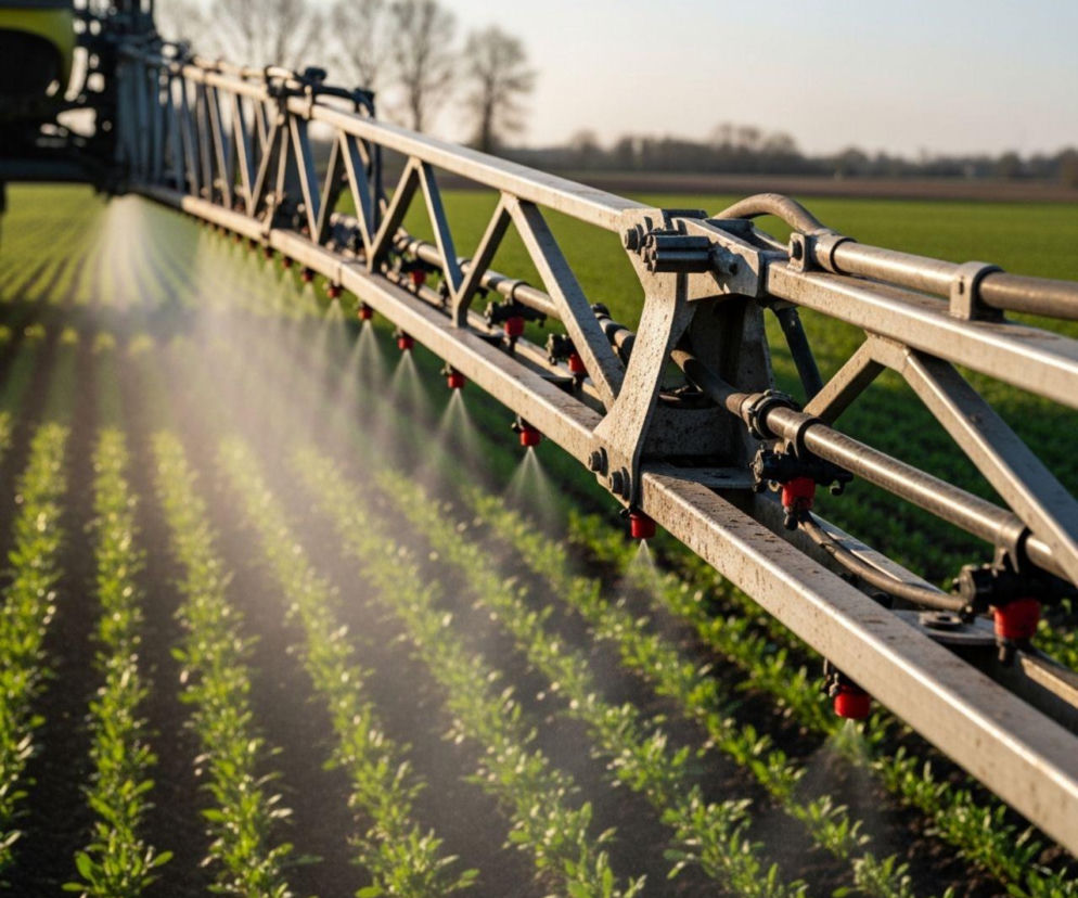 Polowy opryskiwacz rolniczy z ramieniem, precyzyjnie aplikujący środki ochrony roślin na zielone uprawy. Widoczne dysze rozpylają mgiełkę nad młodymi sadzonkami, co ilustruje nowoczesne technologie oszczędzania herbicydów, o których przeczytasz na Super Biznes.