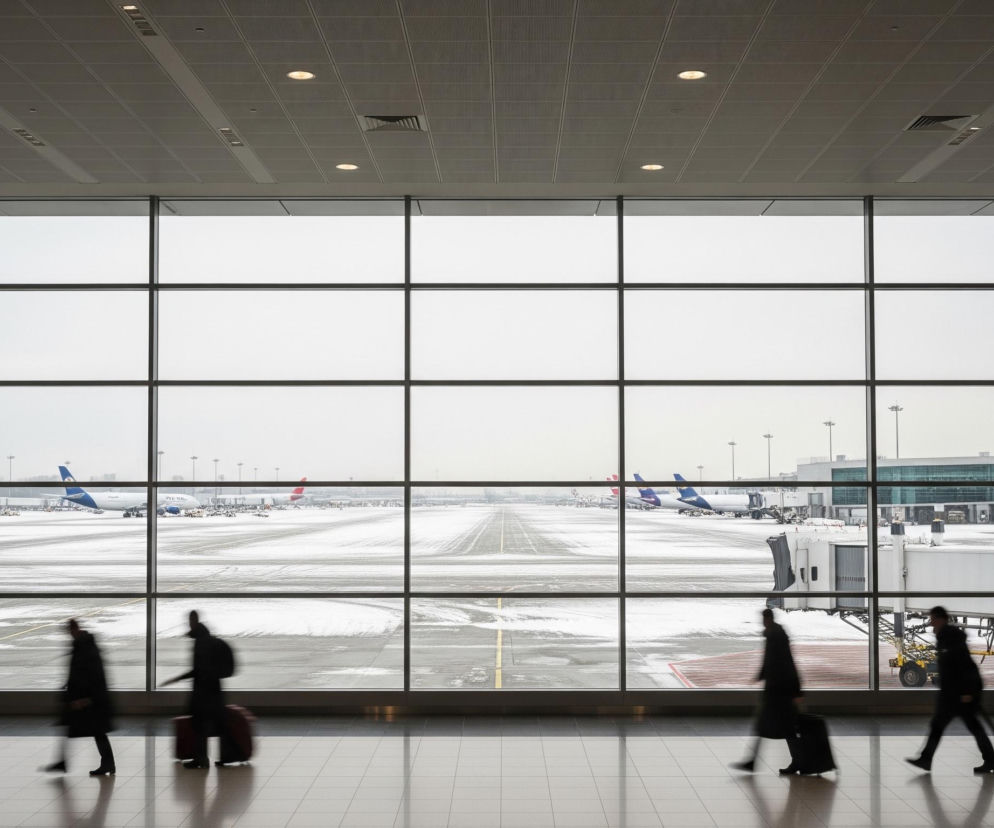 Duże, prostokątne okno z metalowymi ramami zajmuje większość centralnej części obrazu, ukazując panoramiczny widok na zaśnieżone lotnisko. Na pierwszym planie, w dolnej części, znajduje się jasnoszara, błyszcząca podłoga, odbijająca światło i sylwetki przechodzących ludzi. Sześć rozmazanych sylwetek ludzi, ubranych w ciemne płaszcze lub kurtki, idzie w prawo, ciągnąc walizki na kółkach lub niosąc plecaki; ich rozmycie wskazuje na ruch. Za oknem rozciąga się pas startowy i płyta lotniska pokryte śniegiem, z wyraźnymi śladami kół i ciemnymi pasami asfaltu, a także kilkoma zaparkowanymi samolotami o białych kadłubach z kolorowymi ogonami i skrzydłami. W oddali widać budynki terminala i inne obiekty infrastruktury lotniskowej, a na górze sufit z kwadratowych paneli z wbudowanymi punktowymi światłami.