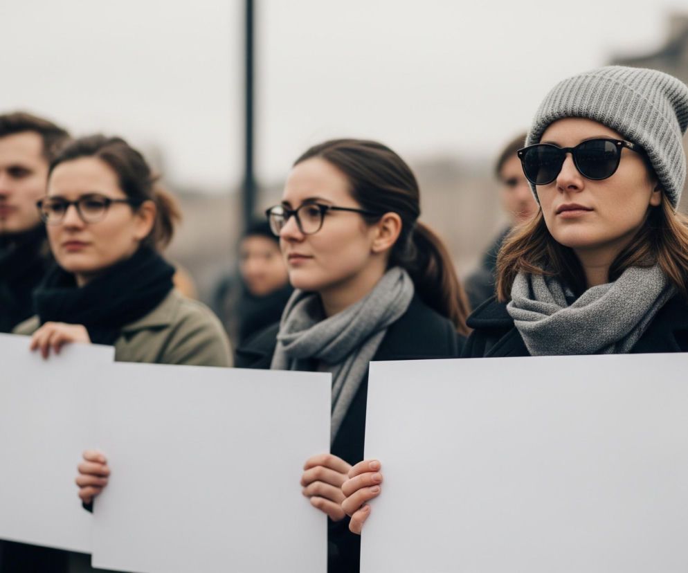 Na pierwszym planie, z prawej strony, stoi młoda kobieta z rudawymi włosami, nosząca szarą wełnianą czapkę i okulary przeciwsłoneczne z ciemnymi oprawkami, a także szary szalik i ciemny płaszcz. Obok niej, nieco z tyłu i po lewej, znajduje się inna młoda kobieta w okularach korekcyjnych o ciemnych oprawkach, z włosami upiętymi w kucyk, również w szarym szaliku i ciemnym ubraniu. Obie kobiety trzymają przed sobą puste, białe kartki papieru, prawdopodobnie transparenty. Tło stanowią rozmazane postacie innych osób, a także niewyraźne elementy architektoniczne i pochmurne, jasne niebo, co sugeruje scenerię zewnętrzną.
