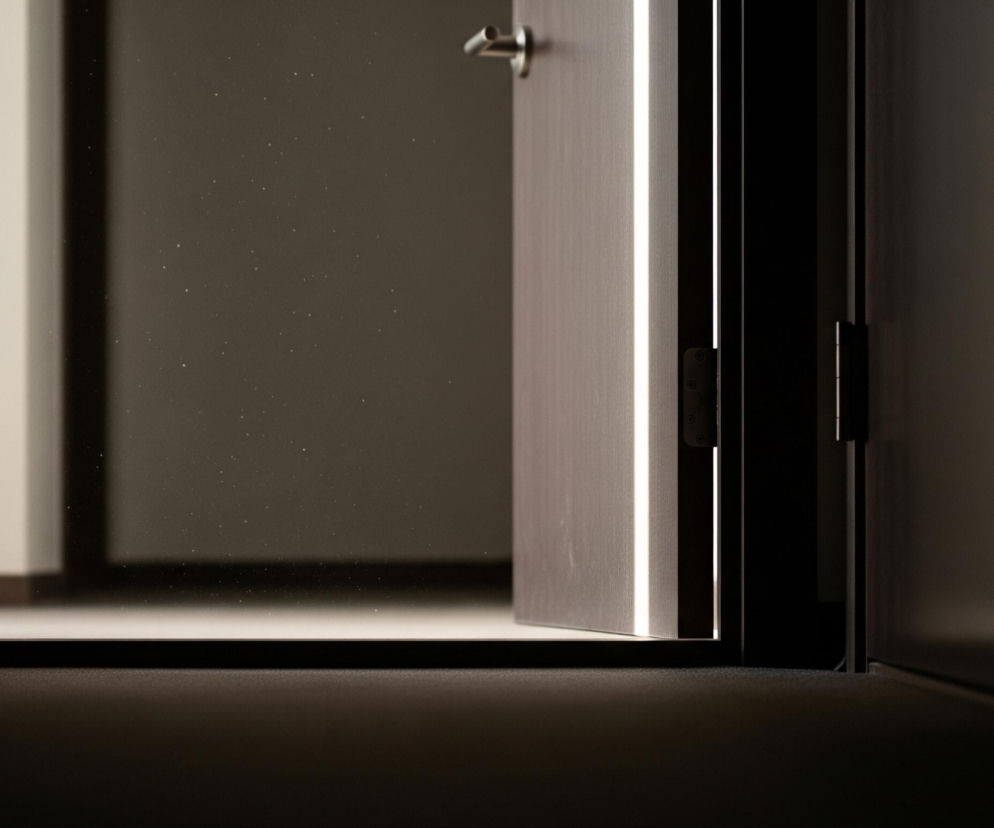 Półotwarte drewniane drzwi z metalową klamką otwierają się do wnętrza ciemnego pomieszczenia, tworząc jasną, pionową szczelinę światła wzdłuż ich krawędzi. Przed drzwiami i za nimi widać podłogę pokrytą ciemnym materiałem, a na tle ciemnych ścian pomieszczenia widać liczne, drobne, rozświetlone punkty, przypominające kurz lub drobinki. W głębi, po lewej stronie, zarysowane są jaśniejsze fragmenty kolejnej ściany i ewentualnie drugiego przejścia.