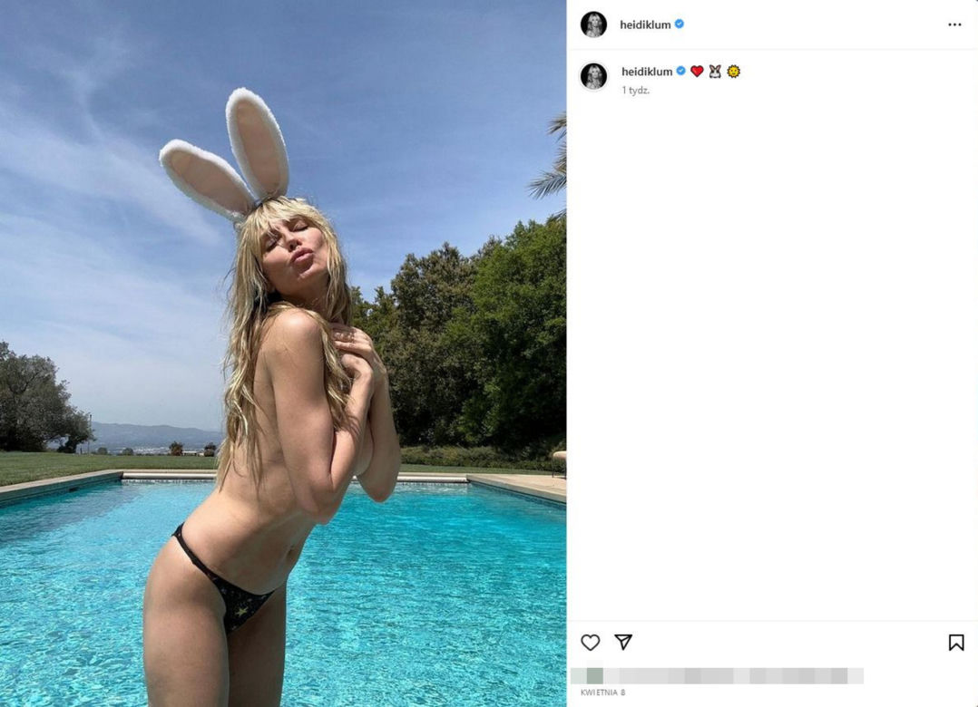 Heidi Klum półnago wygina się na trawie. Ma futrzaną czapę i kuse bikini. Co się dzieje z jej biustem?!