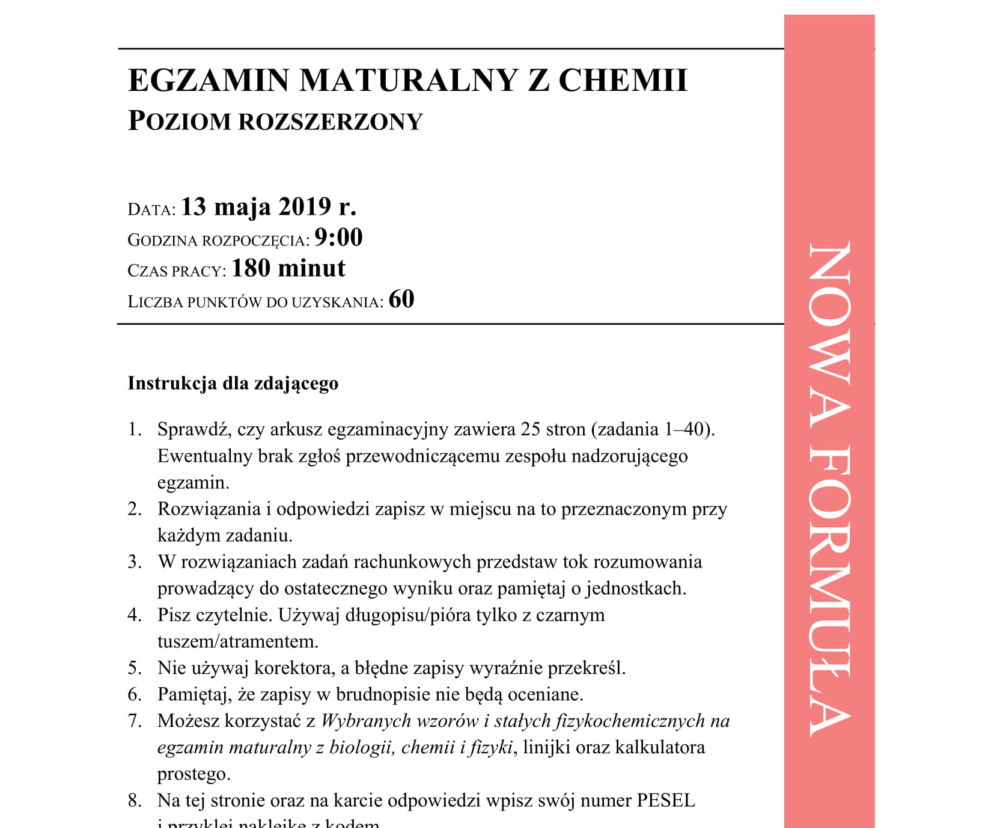 ARKUSZE CKE - Matura chemia - poziom podstawowy i rozszerzony 2019