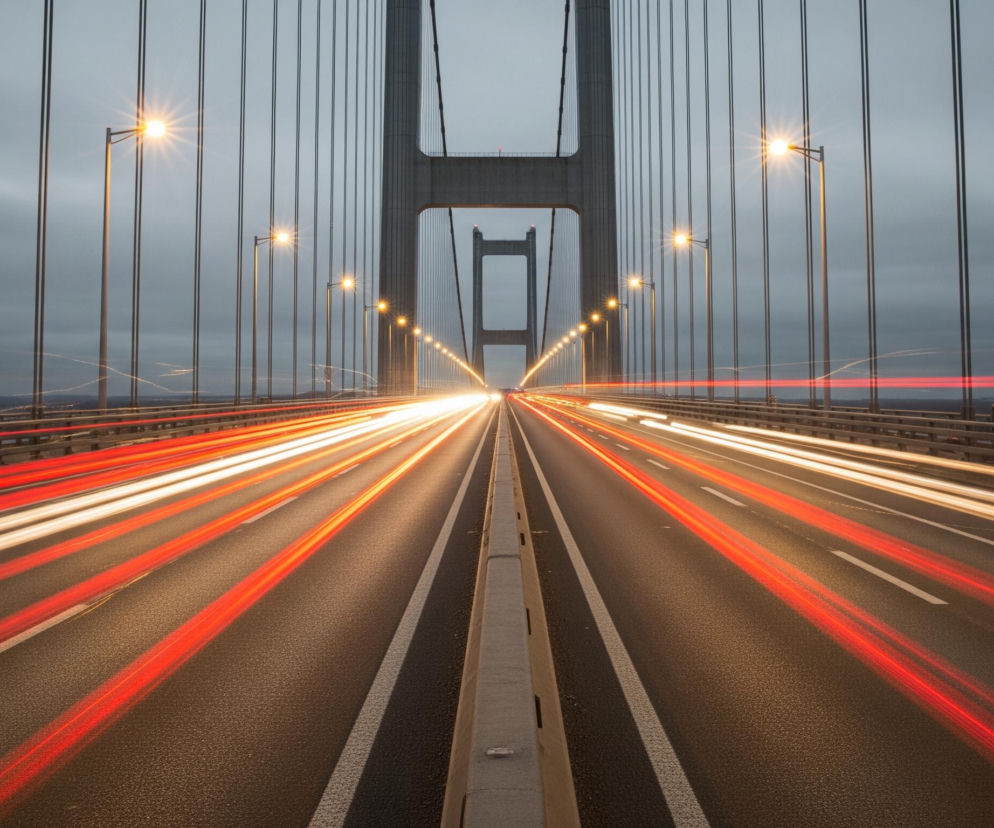 Długą ekspozycję mostu wantowego o zmierzchu, z widokiem centralnie na jego środek. Jezdnia mostu zajmuje dolną część kadru, z ciemnoszarym asfaltem i białymi liniami pasów ruchu rozciągającymi się w dal. Na asfalcie widoczne są długie, rozmazane smugi światła: po lewej stronie dominują czerwone, a po prawej żółto-białe, symbolizujące ruch pojazdów. W oddali światła samochodów zbiegają się w jasny, jednolity punkt.

Nad jezdnią wznoszą się monumentalne, betonowe pylony mostu oraz liczne, pionowe stalowe liny, które tworzą regularny wzór na tle nieba. Na moście, po obu stronach jezdni, rozmieszczone są latarnie uliczne z intensywnie świecącymi, gwiazdkowymi światłami. Szarobłękitne niebo z lekkimi smugami chmur stanowi tło, a na horyzoncie majaczą niewyraźne zarysy lądu lub miasta.