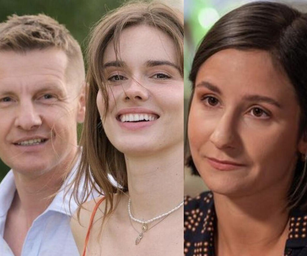 Złożona grafika z trzema osobami z serialu M jak miłość: Rafałem Mroczkiem (Paweł Zduński) po lewej, uśmiechniętą Amandą Mincewicz (Agnes) w centrum i Dominiką Kachlik (Franka) po prawej. Ta kolażowa kompozycja nawiązuje do serialu Super Seriale.