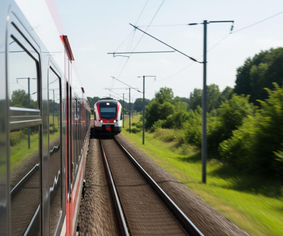 Biało-czerwony pociąg widoczny jest z boku, zajmując lewą stronę kadru, z ciemnymi oknami odbijającymi otoczenie i rozmywające się drzewa oraz słupy trakcyjne. Na wprost, w oddali, zbliża się drugi, biało-czerwony pociąg, poruszający się po równoległym torze. Tory, biegnące przez środek kadru, są wysypane brązowymi kamieniami, a wokół nich rozciąga się zielona, rozmyta trawa i gęste drzewa, co sugeruje dużą prędkość ruchu. Błękitne niebo z nielicznymi chmurami jest widoczne w górnej części obrazu.