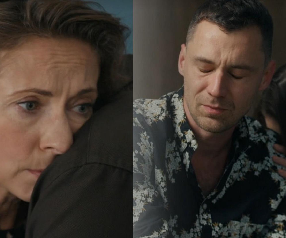 Smutna Gabrysia (Marta Juras) przytula Darka (Andrzej Niemyt), który ma zamknięte oczy i pogrążony jest w żałobie po śmierci Karola w serialu Barwy szczęścia. Scena pełna emocji i wsparcia w trudnych chwilach. Więcej o losach bohaterów przeczytasz na stronie Super Seriale.