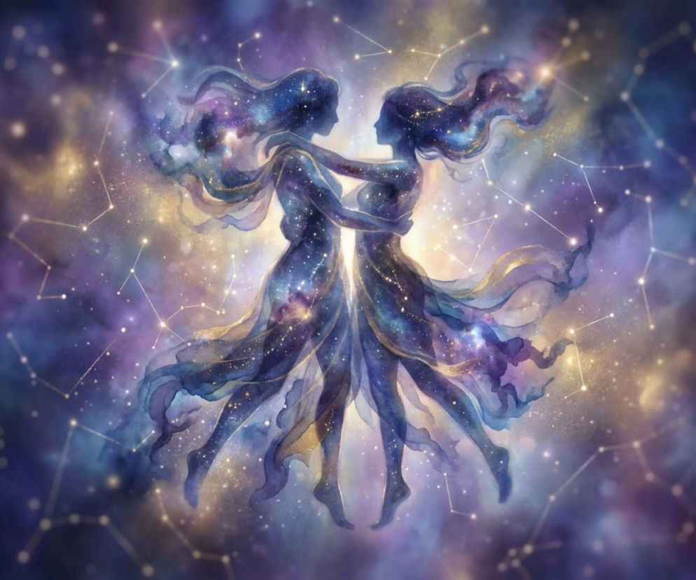 Akwarelowa grafika przedstawiająca dwie sylwetki kobiet otulone mgławicami w odcieniach fioletu, błękitu i złota, symbolizujące znak zodiaku Bliźniąt. Otaczają je drobne, świecące gwiazdy i konstelacje. Ten horoskop dzienny Bliźniąt znajdziesz na naszym portalu.