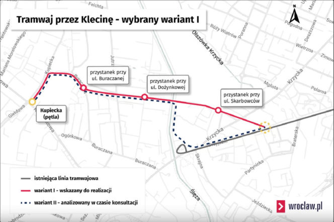 Planowana trasa tramwaju przez Klecinę we Wrocławiu