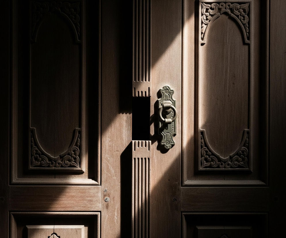 Widoczne są brązowe, drewniane, dwuskrzydłowe drzwi z bogatymi, rzeźbionymi zdobieniami w kształcie łuków i zawijasów, częściowo rozświetlone ukośnym pasmem jasnego światła. Na lewym skrzydle drzwi, w miejscu styku obu skrzydeł, znajduje się metalowa kołatka w ciemnym kolorze, rzucająca wyraźny cień. Górna część drzwi jest ciemna, a światło rozjaśnia głównie ich środkową i dolną partię, podkreślając fakturę drewna i rzeźbienia.