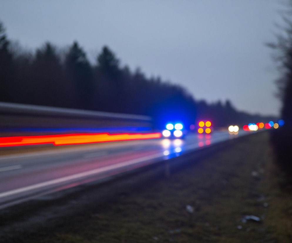 Uliczny krajobraz o zmierzchu lub w nocy, utrzymany w odcieniach szarości i granatu, z wyraźnie rozmazanymi światłami pojazdów. Długa, asfaltowa droga biegnie w głąb obrazu, z lewej strony widoczne są smugi czerwonego światła, sugerujące ruch jadących samochodów, a na dalszym planie znajdują się rozmyte światła pojazdów ratunkowych, z przewagą niebieskich i żółtych punktów. Po obu stronach drogi rosną ciemne, niewyraźne drzewa lub krzewy, a horyzont pokrywa jasnoszara, zachmurzona przestrzeń.