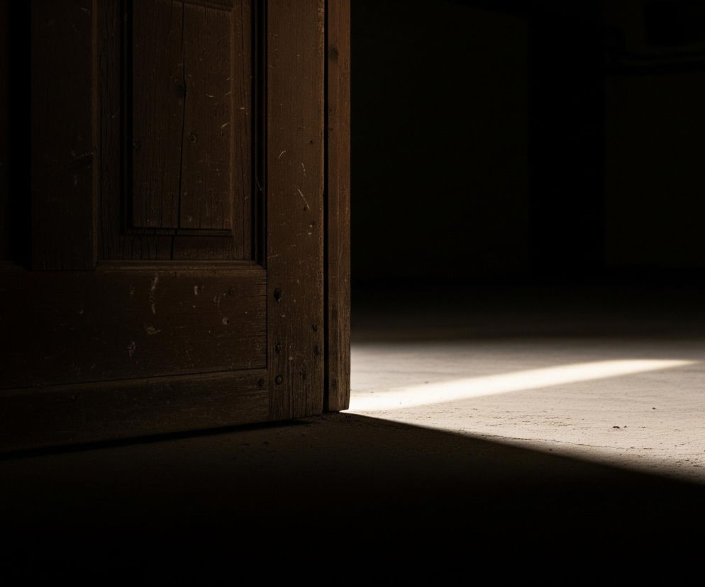 Drewniane, uchylone drzwi w ciemnej tonacji dominują po lewej stronie obrazu, ukazując wyraźną fakturę z licznymi zadrapaniami i przebarwieniami. Spomiędzy drzwi i ściany, po prawej stronie, wyłania się prostokątny pas jasnego światła, padający ukośnie na zakurzoną podłogę. Reszta kadru pogrążona jest w głębokim cieniu, co podkreśla kontrast między rozświetlonym wnętrzem a mrocznym pierwszym planem.