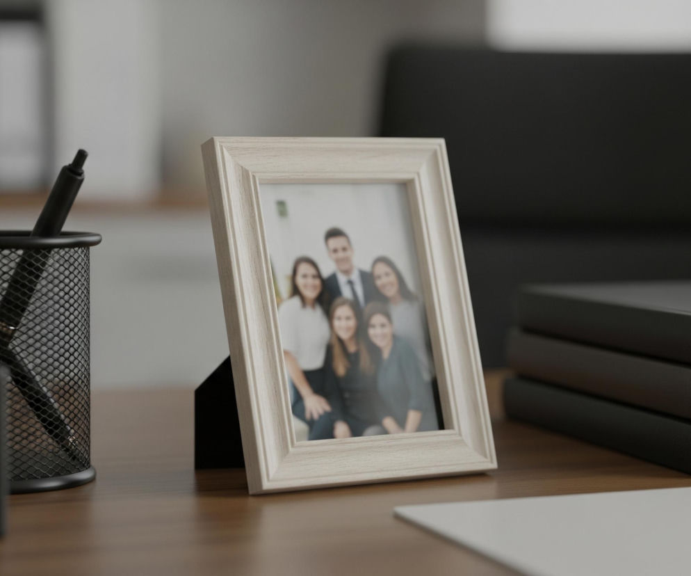 Na brązowym, drewnianym biurku stoi pod kątem jasna, prostokątna ramka ze zdjęciem przedstawiającym pięć osób: mężczyznę i cztery kobiety. Ramka znajduje się w centralnej części kadru. Po lewej stronie widoczny jest czarny, siatkowy pojemnik na długopisy, zawierający dwa czarne długopisy, oraz częściowo czarne pudełko. Po prawej stronie ramki leżą trzy oprawione w ciemne okładki książki, ułożone jedna na drugiej, oraz fragment czystej, białej kartki. Tło jest rozmyte, z widocznym zarysem czarnego fotela i jasnych półek.