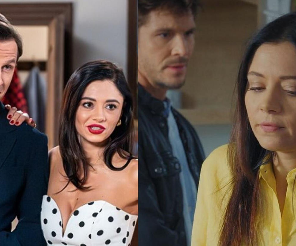 Kolaż zdjęć przedstawiający Adriany Kalskiej w dwóch różnych rolach. Po lewej aktorka z mężczyzną, po prawej zamyślona Adriana w żółtej koszuli. Artykuł na Super Seriale omawia, czy aktorka odejdzie z M jak miłość dla roli w Pierwszej miłości.