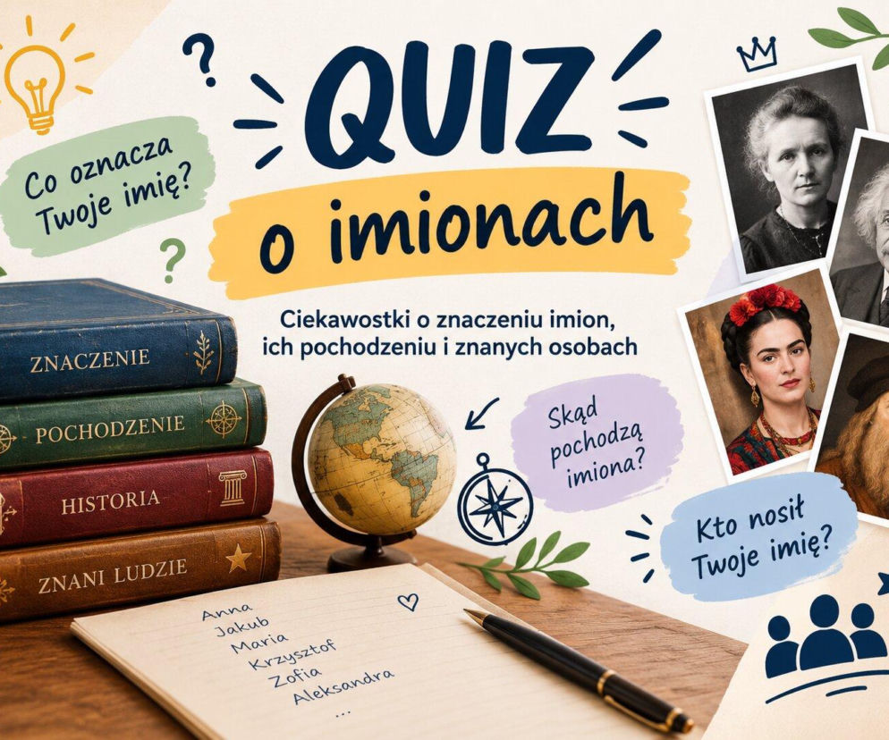 Grafika z napisem Quiz o imionach obok zdjęć Skłodowskiej-Curie i Einsteina. O znaczeniu imion dowiesz się na SE Lublin.