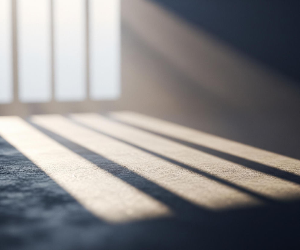 Silne, jasne światło wpada do ciemnego pomieszczenia przez okno z kratami, rzucając na podłogę równoległe pasy cienia i światła. Podłoga ma chropowatą, szarą teksturę, która staje się ciemniejsza w oddali. Po lewej stronie, w górnej części obrazu, widoczna jest rozświetlona ściana, a po prawej stronie cieniowanie stopniowo przechodzi w głęboki granat.