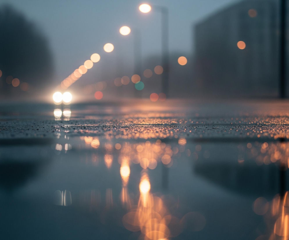 Mokry asfalt ulicy o zmierzchu lub świcie jest głównym elementem widocznym na pierwszym planie, z mnóstwem małych kropelek wody lśniących na powierzchni i odbijających światła. W głębi, prosto w kierunku widza, nadjeżdża samochód z włączonymi, jasnymi reflektorami, które tworzą białe, rozmyte plamy światła. Po obu stronach ulicy rozciągają się rzędy pomarańczowo-żółtych latarni, tworząc smugi bokeh, które rozświetlają ciemnoszary krajobraz miejski z niewyraźnymi zarysami budynków i drzew w tle. Całość jest utrzymana w chłodnej tonacji szarości i błękitu, z ciepłymi akcentami świateł odbijających się w mokrej nawierzchni, tworząc efekt lustrzanego odbicia na dole kadru.