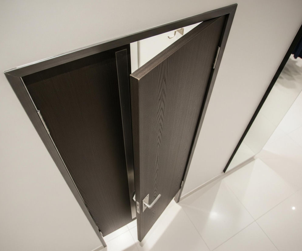 Otwarte ciemnobrązowe drzwi z widocznym usłojeniem drewna stanowią centralny element obrazu, ukazane są z perspektywy z góry w dół. Drzwi mają srebrną klamkę i zawiasy, a ich otoczenie to biała ściana i biała podłoga wyłożona prostokątnymi płytkami. Po prawej stronie w tle znajduje się wysokie lustro, w którym odbijają się ubrania wiszące na wieszakach oraz fragmenty jasnej podłogi.