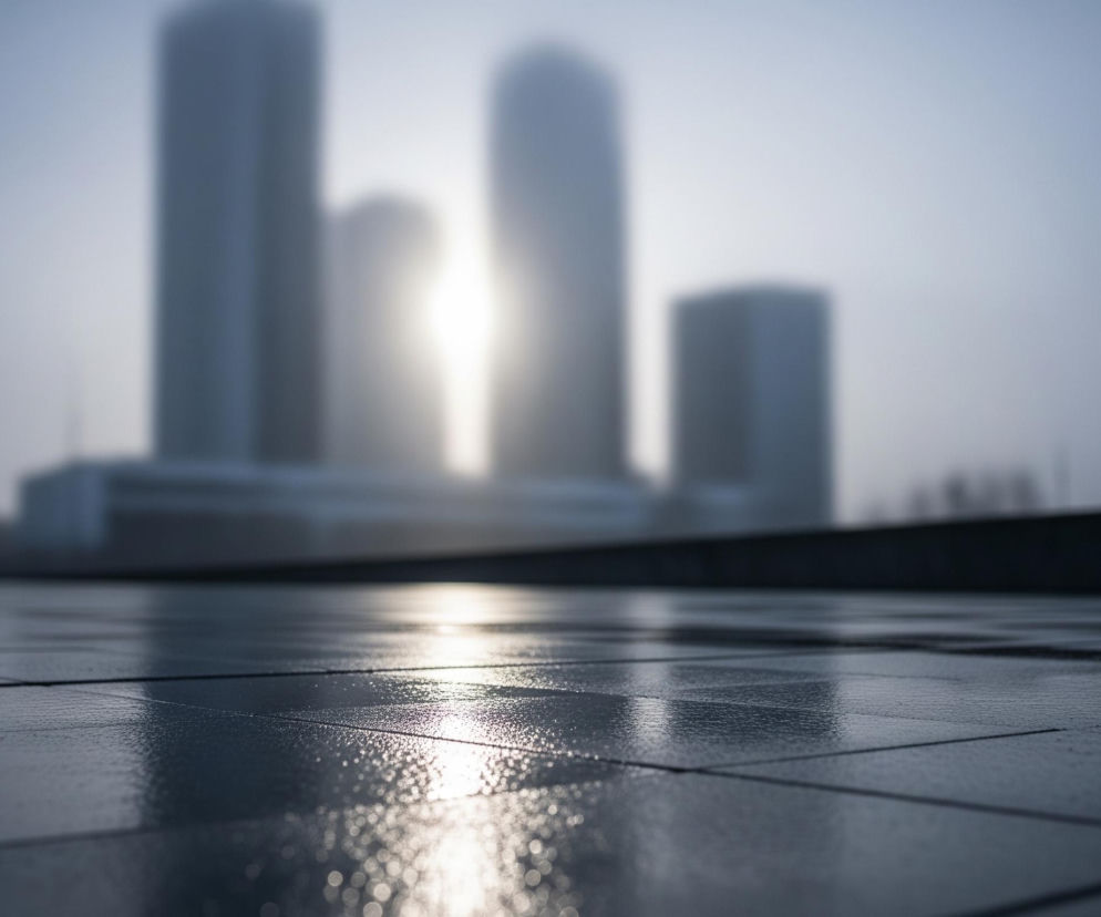 Przód obrazu zajmuje ciemna, błyszcząca powierzchnia wyłożona prostokątnymi płytkami, odbijająca jasne światło. Powierzchnia ta, wyglądająca na mokrą, tworzy perspektywę prowadzącą wzrok w głąb kadru. W tle, rozmyte i zamglone, majaczą sylwetki kilku wysokich budynków w odcieniach szarości i błękitu. Pomiędzy budynkami przebija się jasne, oślepiające światło, prawdopodobnie słońce, tworząc silny kontrast z ciemnym, zamglonym otoczeniem.