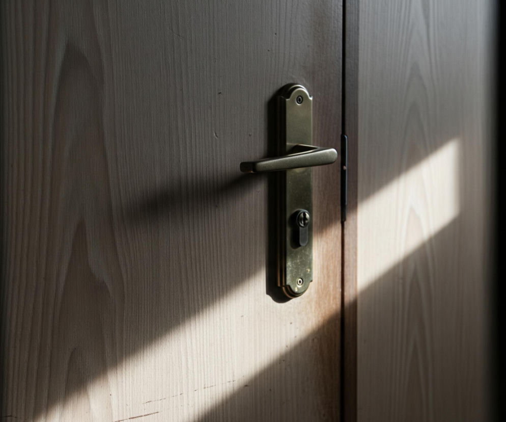 Drzwi w jasnym, drewnianym odcieniu, widoczne pod kątem, dominują centrum kadru. Na ich powierzchni, po prawej stronie, pada ukośne pasmo jasnego światła słonecznego, tworząc kontrast z zacienioną częścią drzwi po lewej. Na drzwiach zamontowana jest pozioma, metalowa klamka w kolorze starego złota, umieszczona na długiej, prostokątnej płycie z zaokrąglonymi końcami, pod którą znajduje się otwór na klucz. Cień klamki jest wyraźnie widoczny na drewnianej powierzchni drzwi.