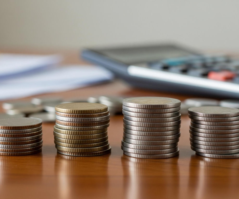 Cztery stosy monet leżą na brązowym, drewnianym stole. Pierwszy stos po lewej jest najniższy, ma około ośmiu monet w srebrnym i miedzianym kolorze, ułożonych naprzemiennie. Drugi stos, wyższy od pierwszego, składa się z około czternastu monet w tych samych kolorach, ułożonych również naprzemiennie. Trzeci stos jest najwyższy i zawiera około piętnastu srebrnych monet, a czwarty, znajdujący się najbardziej po prawej, jest nieco niższy od trzeciego, mając około czternastu srebrnych monet. Rozrzucone monety, częściowo widoczne w tle po lewej, oraz niewyraźna kalkulator i dokumenty na stole, uzupełniają kompozycję.