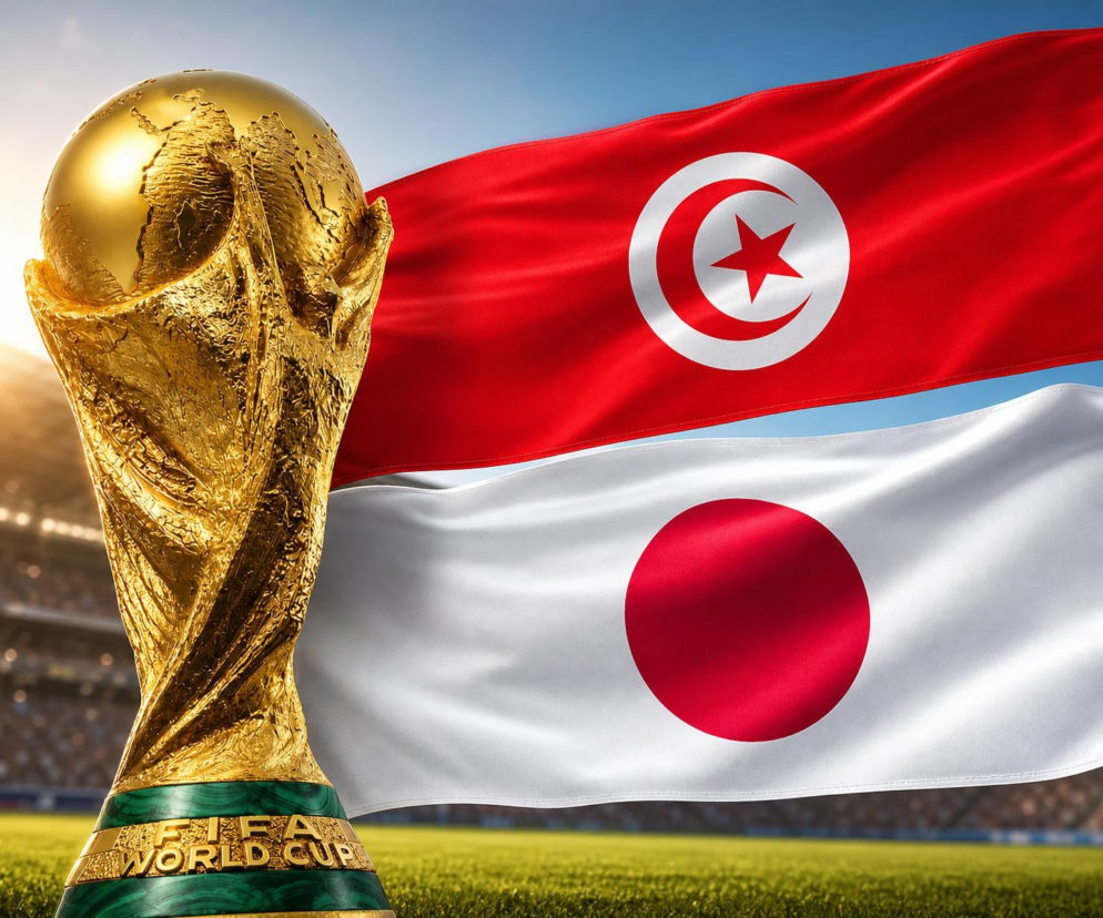 Złote trofeum Pucharu Świata FIFA na pierwszym planie, z falującymi flagami Tunezji (czerwona z białą tarczą i czerwoną gwiazdą i półksiężycem) oraz Japonii (biała z czerwoną tarczą) w tle. Wszystkie aktualne statystyki meczu Tunezja - Japonia na mundialu znajdziesz na naszym portalu.