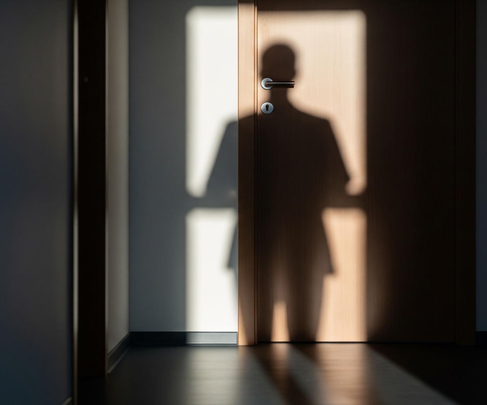 Długi korytarz z drzwiami po prawej stronie. Na beżowych drzwiach rzuca cień sylwetka postaci, uchwycona od szyi do kolan, w stroju przypominającym garnitur. Z lewej strony drzwi, na wysokości klamki, widoczny jest pionowy pas jasnego światła. Drzwi mają srebrną klamkę i okrągły zamek z kluczem. Korytarz jest w dużej mierze ciemny, z ciemnoszarą ścianą po lewej stronie i lśniącą, ciemną podłogą, na której również widoczne są cienie.