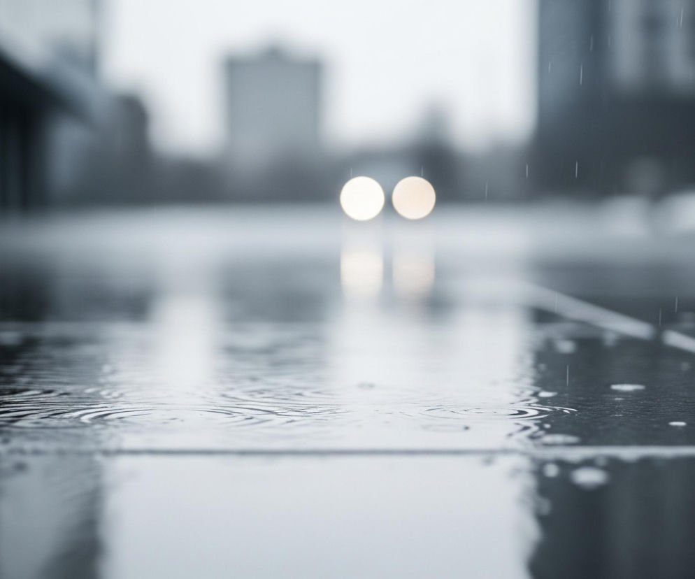 Płytki chodnikowe, pokryte cienką warstwą wody, tworzą powierzchnię odbijającą światło. Na pierwszym planie widać wyraźne kręgi na wodzie, świadczące o padających kroplach deszczu. W tle, rozmyte i nieostre, widoczne są dwa jasne, koliste źródła światła, przypominające reflekt samochodu, wraz z ich odbiciami na mokrej nawierzchni. Po lewej i prawej stronie horyzontu zarysy budynków dodają miejskiego charakteru scenie, a całe ujęcie utrzymane jest w monochromatycznej tonacji szarości.