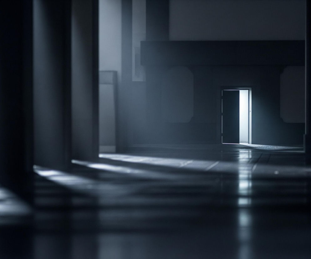 Wzdłuż ciemnego, podłużnego korytarza, na jego końcu, widoczne są otwarte drzwi, przez które wpada jasne, białe światło. Światło to tworzy wyraźną smugę na podłodze korytarza oraz oświetla fragment ściany wokół drzwi. Lewa strona kadru zdominowana jest przez szereg ciemnych, pionowych kolumn, które rzucają długie cienie na podłogę. Dominują chłodne odcienie szarości i błękitu, z kontrastem między ciemnym wnętrzem korytarza a jasnością bijącą zza drzwi.