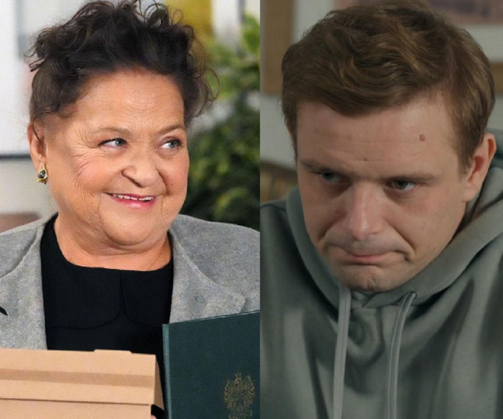 Uśmiechnięta Lucyna (Grażyna Zielińska) z aktem notarialnym i zestresowany Hubert (Marek Molak) w szarej bluzie, po przejęciu części domu Pyrków w serialu Barwy szczęścia. Więcej o losach bohaterów przeczytasz na portalu Super Seriale.