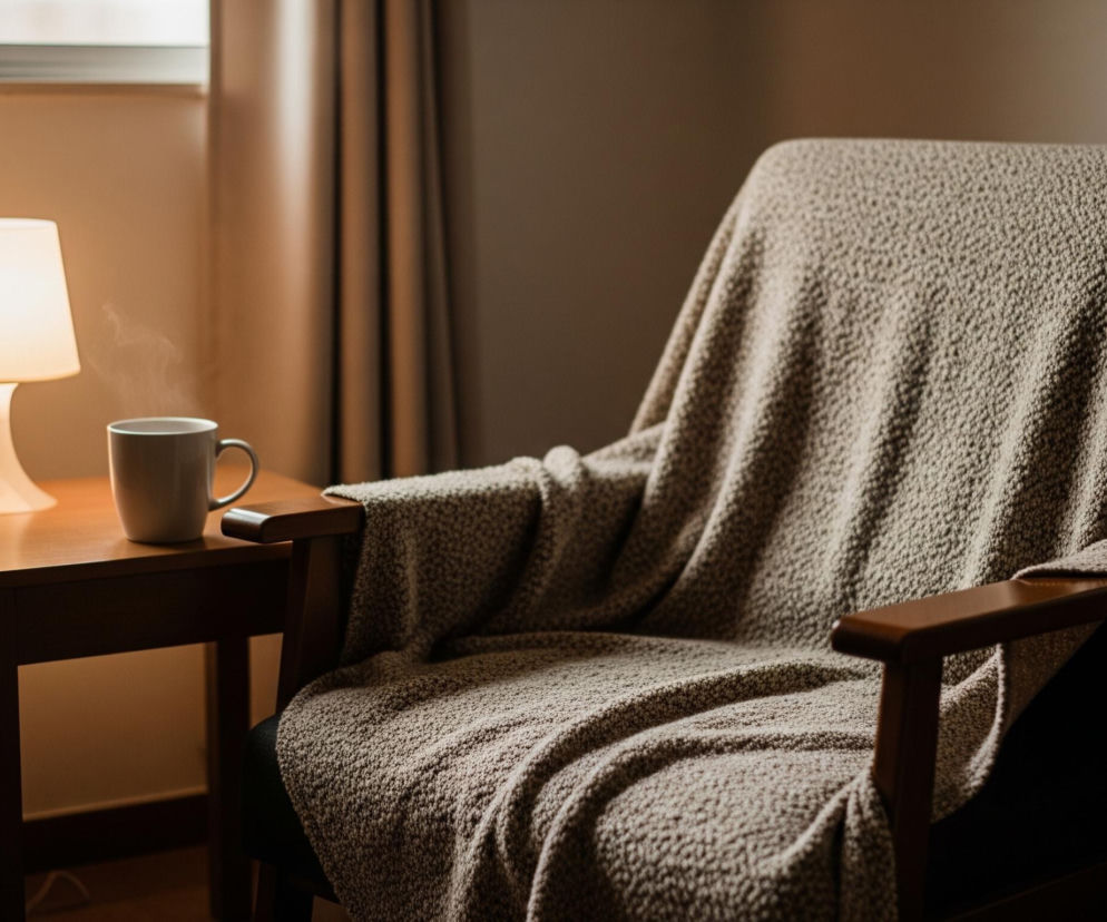 Na pierwszym planie, po prawej stronie kadru, znajduje się drewniany fotel, pokryty beżowym, plecionym kocem, który tworzy fałdy. Po lewej stronie fotela, obok jego podłokietnika, stoi mały drewniany stolik z zapaloną lampką nocną o białym, stożkowym abażurze. Obok lampki na stoliku stoi szary kubek, z którego unosi się delikatna para. W tle, za stolikiem, widoczna jest jasnobrązowa ściana, a u góry kadru, po lewej stronie, przebija się światło zza niewyraźnego okna, zakrytego częściowo brązową zasłoną.