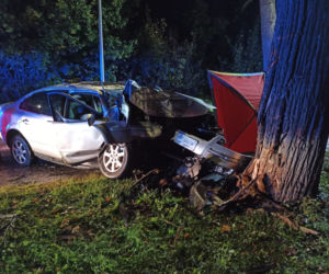 Śmiertelny wypadek na ul. Łęczyckiej w Elblągu. Auto roztrzaskało się na drzewie. Kierowca nie żyje [FOTO]