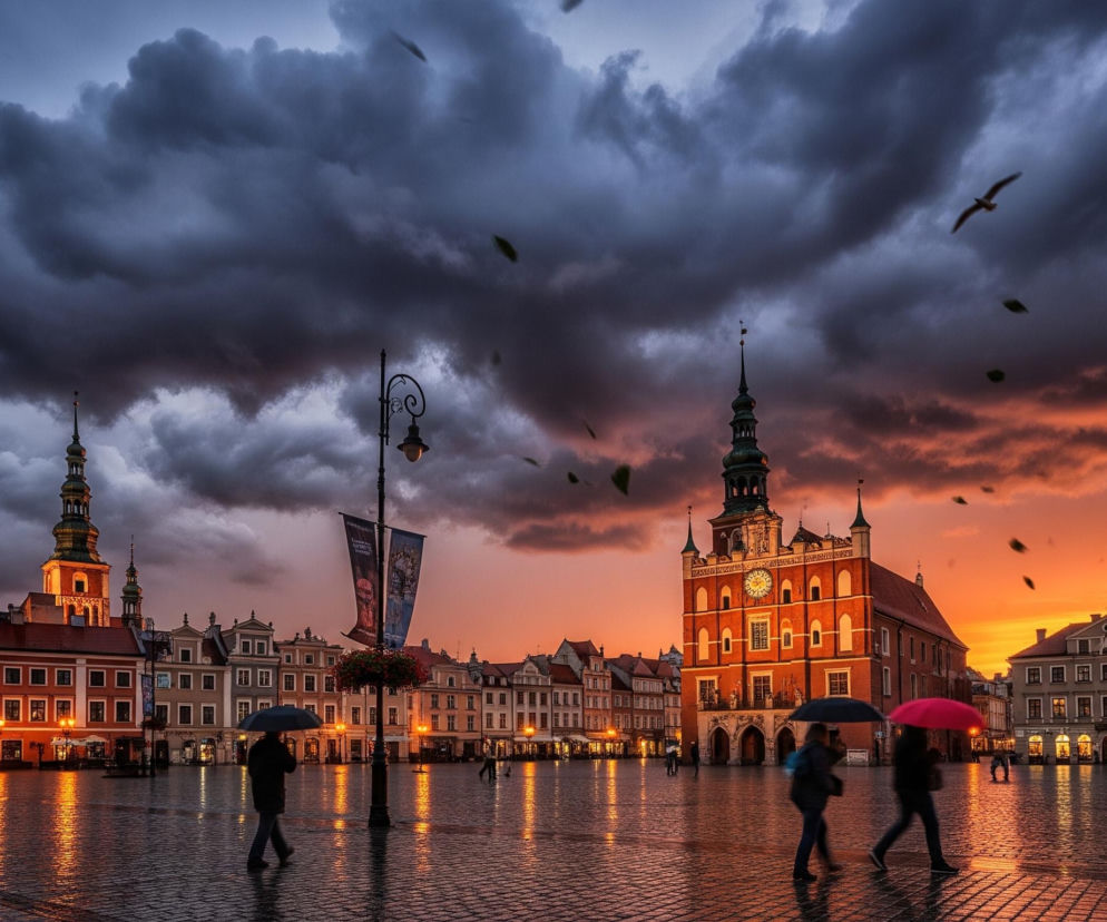 Na pierwszym planie widoczny jest brukowany plac, mokry od deszczu, odbijający ciepłe światło latarni. Przez plac przechodzą sylwetki ludzi, niektórzy z parasolami, jeden czarny, drugi jaskrawo różowy, zamazane od ruchu. W tle wznosi się rządek historycznych budynków o spadzistych dachach, a po prawej stronie dominuje duży, ceglany budynek ratusza z wieżą zegarową i szpiczastymi wieżyczkami. Niebo jest dramatyczne, z ciemnymi, burzowymi chmurami na górze i intensywnym, pomarańczowo-czerwonym zachodem słońca na horyzoncie, z kilkoma ciemnymi listkami i ptakiem lecącym w górze.