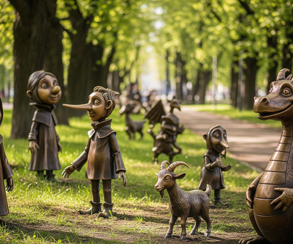 Na pierwszym planie, z prawej strony, stoi duża, brązowa statua smoka z szerokim uśmiechem i rogami. Obok niej, nieco po lewej i bliżej środka, znajduje się mniejsza statua kozła, również brązowa, patrząca w lewo. Dalej, po lewej stronie, ustawione są trzy statuy postaci ludzkich, wykonane z tego samego materiału; jedna z nich ma długi nos i rozłożone ręce, a inna ubrana jest w płaszcz z kapturem. Wszystkie figury otacza intensywnie zielona trawa, a w tle widać aleję parkową z rzędem wysokich drzew o zielonych liściach, rozjaśnionych słońcem.