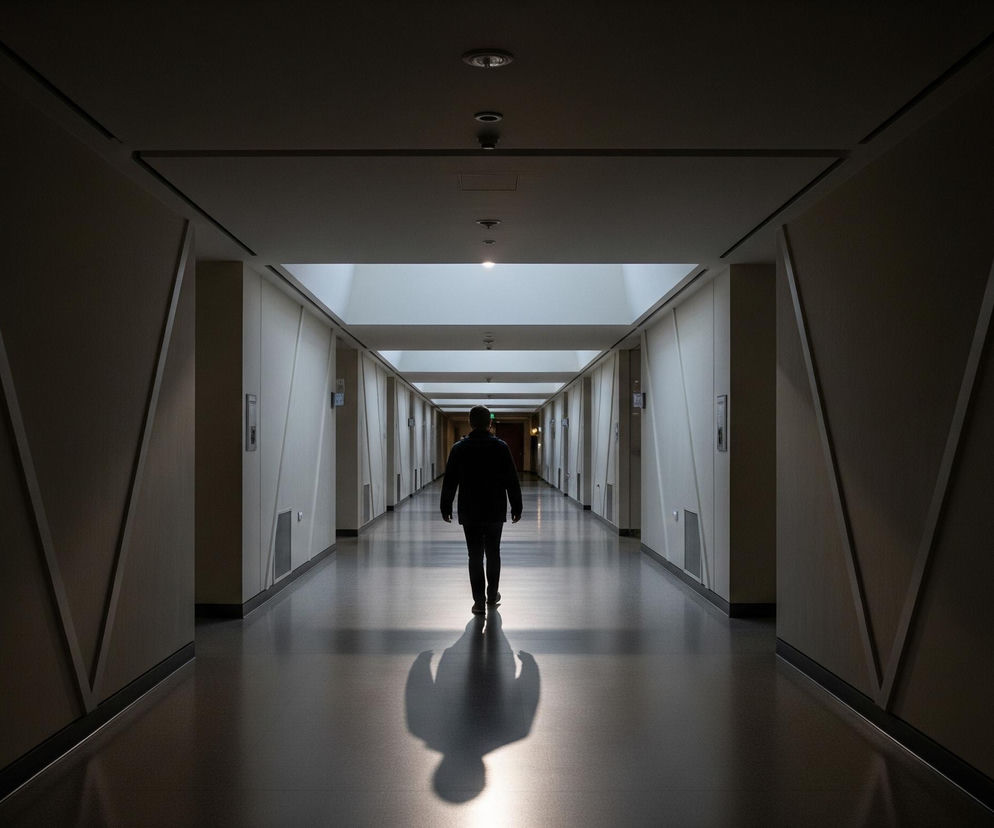 Mężczyzna, ubrany w ciemną kurtkę i spodnie, idzie środkiem długiego korytarza, oddalając się od patrzącego. Jego sylwetka jest wyraźnie zarysowana ciemnym cieniem na jasnym, odbijającym światło suficie oraz długim cieniem na błyszczącej, szarej posadzce, rozciągającym się ku przodowi. Korytarz charakteryzuje się geometrycznymi wzorami na ścianach, przypominającymi panele w odcieniach beżu i bieli, z regularnie rozmieszczonymi otworami wentylacyjnymi i panelami sterowania. Źródło światła jest widoczne w głębi korytarza, tworząc efekt tunelu, gdzie sufit staje się jaśniejszy, a ściany i podłoga stopniowo ciemnieją w stronę patrzącego.