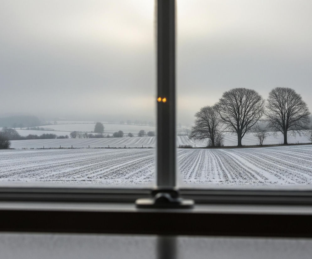 Ramka okienna, z wyraźnie widocznym słupkiem środkowym, ujmuje widok na zimowy krajobraz. Pola uprawne pokryte cienką warstwą śniegu, tworzącą równoległe pasy ciemniejszej ziemi i białego śniegu, rozciągają się w głąb obrazu. Na horyzoncie, pod zachmurzonym, szarym niebem, widać kilka grup drzew o nagich gałęziach, z których trzy największe są wyraźnie widoczne po prawej stronie. Odległe wzgórza i horyzont giną w gęstej, szarej mgle.